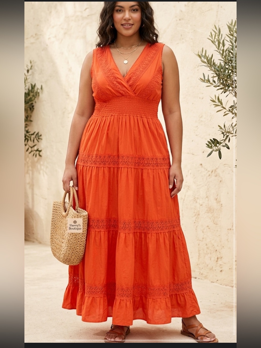 Alstyle Sleeveless V-Neck Tiered Maxi Dress in Bright Orange Size small